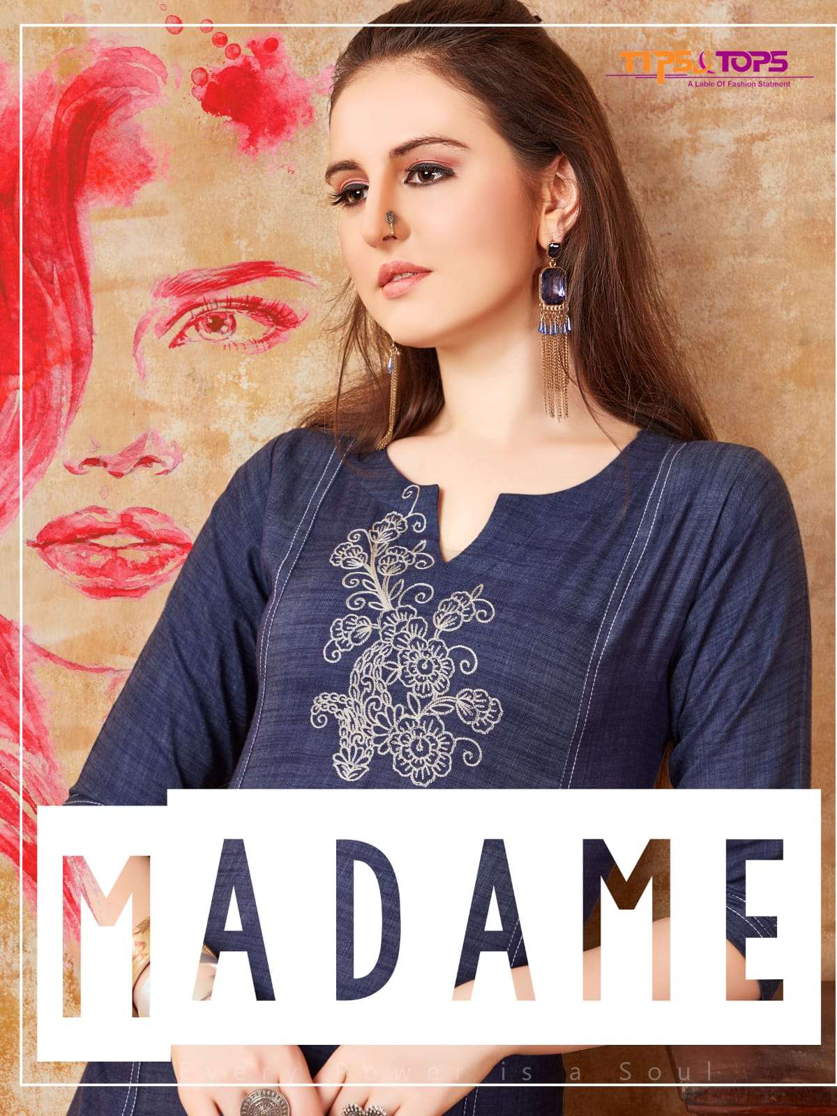 MADAME BY TIPS & TOPS BRAND RAYON DENIM FABRIC FANCY EMBROIDERY WORK LONG KURTI WHOLESALER AND DEALE...