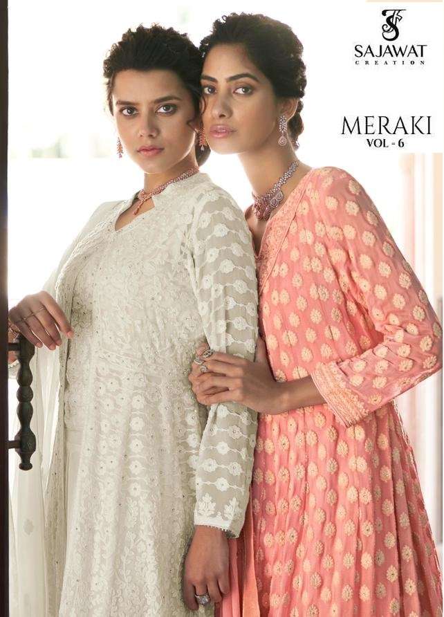 MERAKI VOL - 6 BY SAJAWAT CREATION BRAND HEAVY FOX GEORGETTE HEAVY WHITE EMBROIDERY LONG GOWN KURTI ...