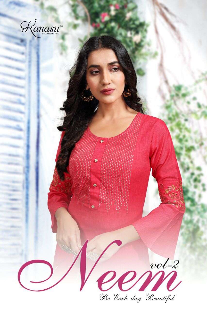 NEEM VOL-2 BY KANASU KURTI BRAND HEAVY RAYON SEQUENCE SLEEVES WORK KURTI WHOLESALE AND DEALER