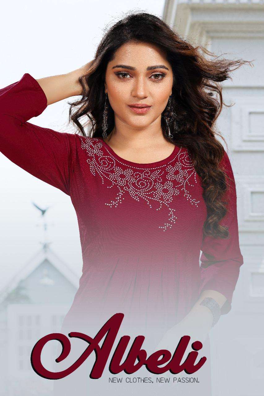 NEW ALBELI BY S3OREVER BRAND RAYON FANCY STONE WORK FROCK STYLE KURTI WHOLESALE AND DEALER