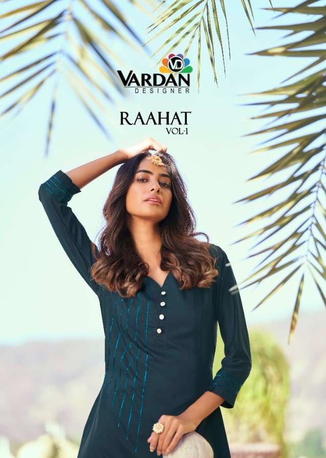 RAAHAT VOL- 1 BY VARDAN DESIGNER BRAND ROMAN SILK WITH FANCY EMBROIDERY WORK KURTI WITH INNER AND RO...