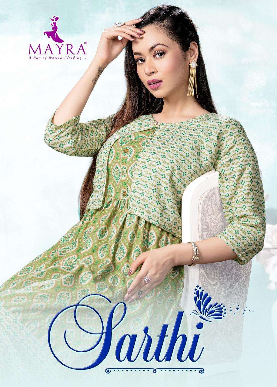 SARTHI BY MAYRA BRAND RAYON CAPSUL FOIL PRINT FROCK STYLE KURTI WITH CAPSUL PRINT JACKET WHOLESALER ...