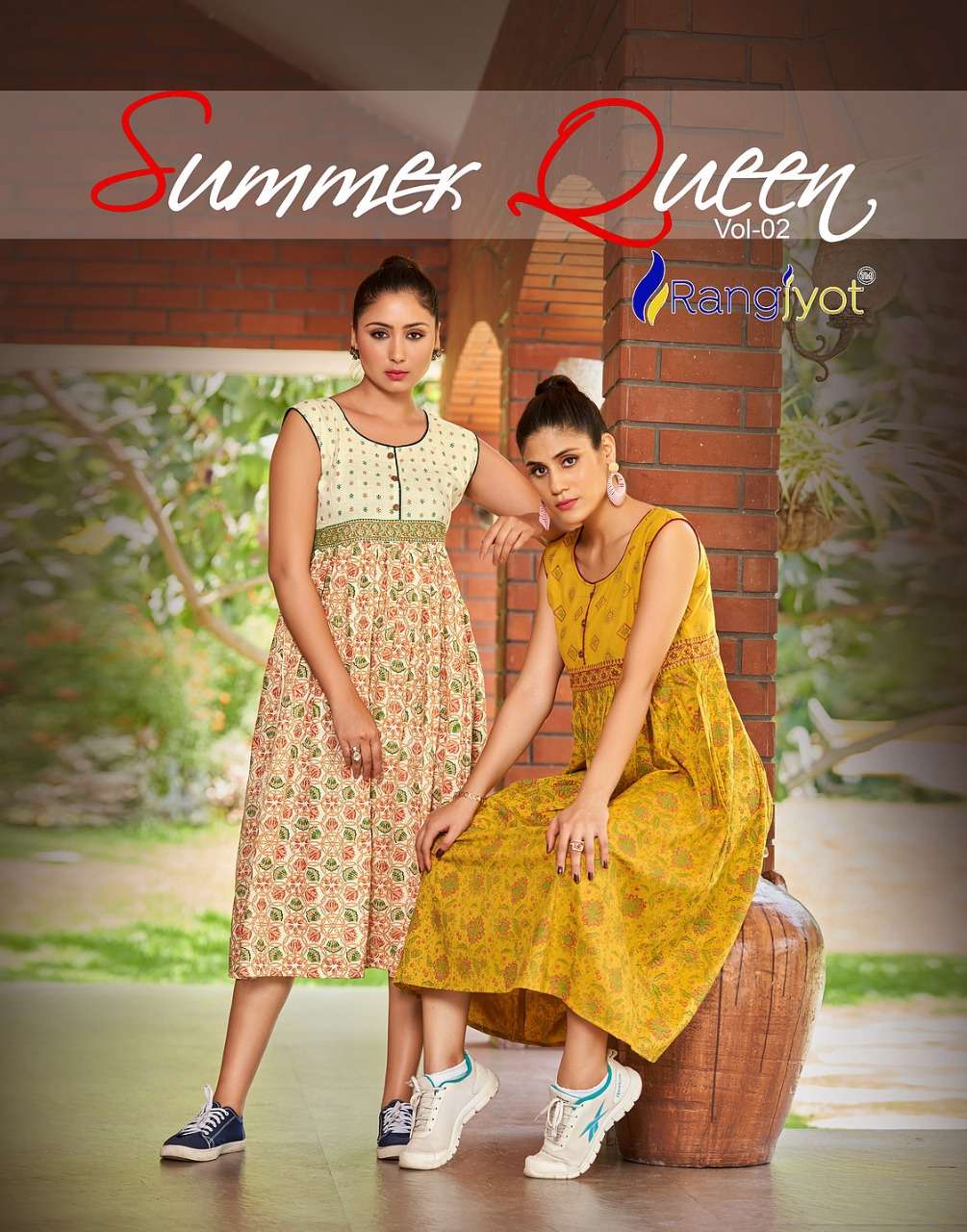 SUMMER QUEEN VOL-2 BY RANGJYOT BRAND COTTON TWO TONE WITH GOLD PRINT WORK  FROCK STYLE KURTI WHOLESA...