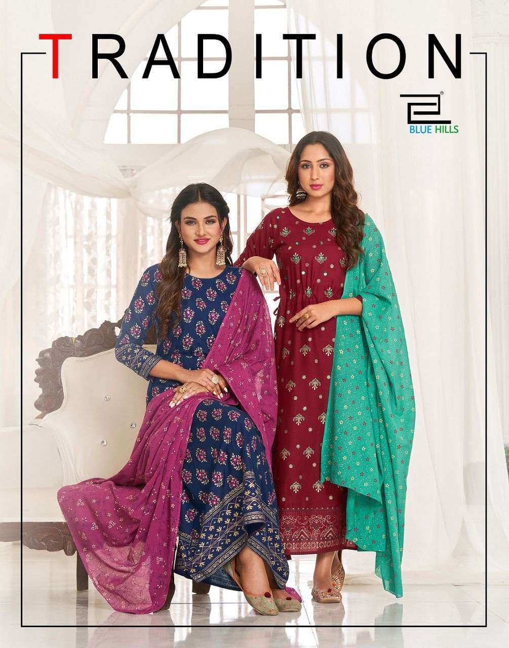 TRADITIONAL VOL 1 BY BLUE HILLS BRAND 14KG RAYON WITH FANCY WORK LONG GOWN KURTI WITH COTTON MUL DUP...