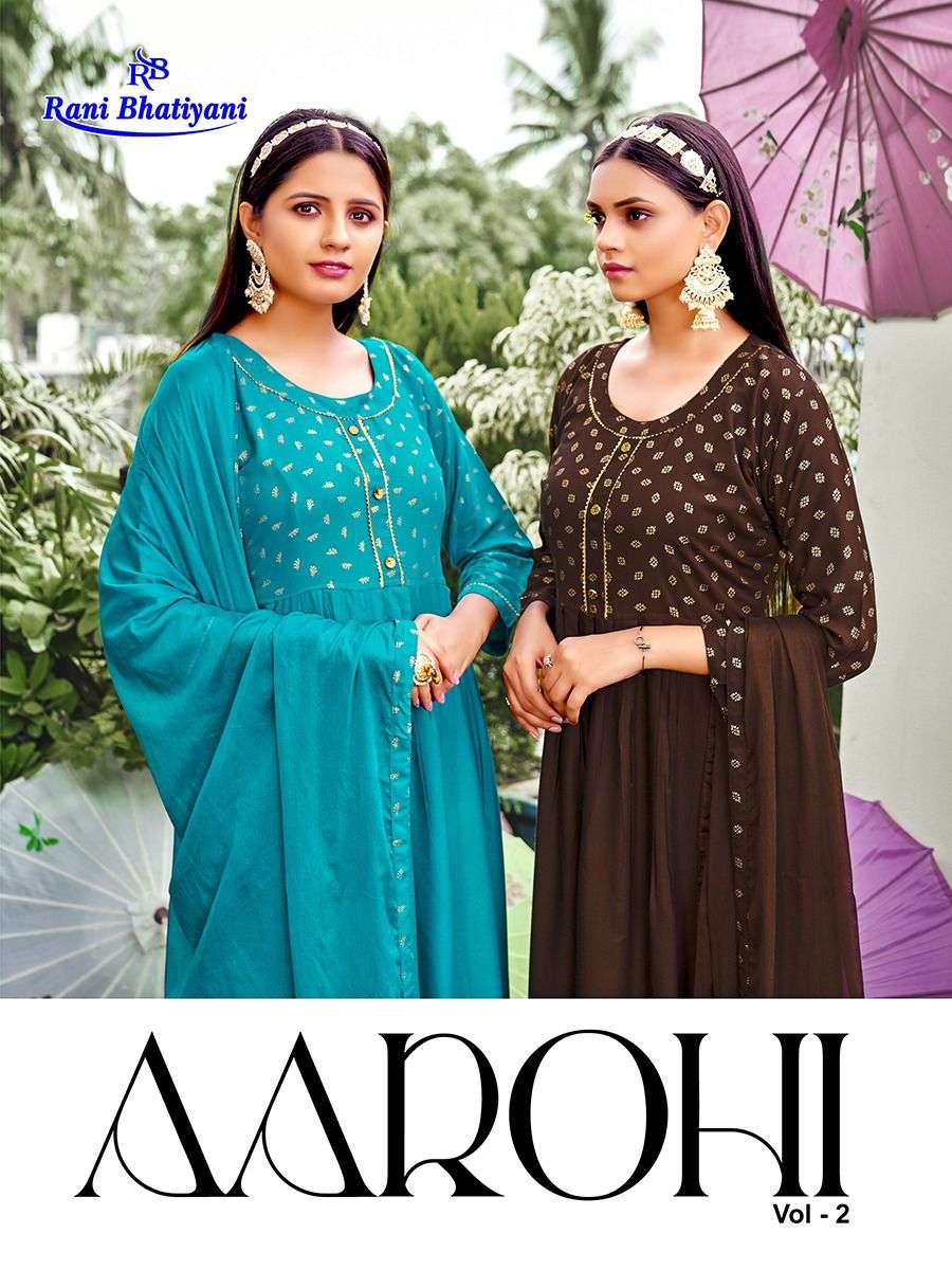 AAROHI VOL 2 BY RANI BHATIYANI BRAND 14 KG RAYON WITH CLASSY FOIL PRINT LONG GOWN KURTI AND NAZIM DU...