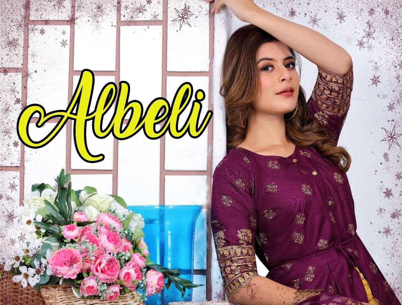  ALBELI VOL 1 BY S3FOREVER BRAND 14 KG FOIL RAYON FOIL PRINT A- LINE GHERA PATTERN LONG GOWN KURTI W...