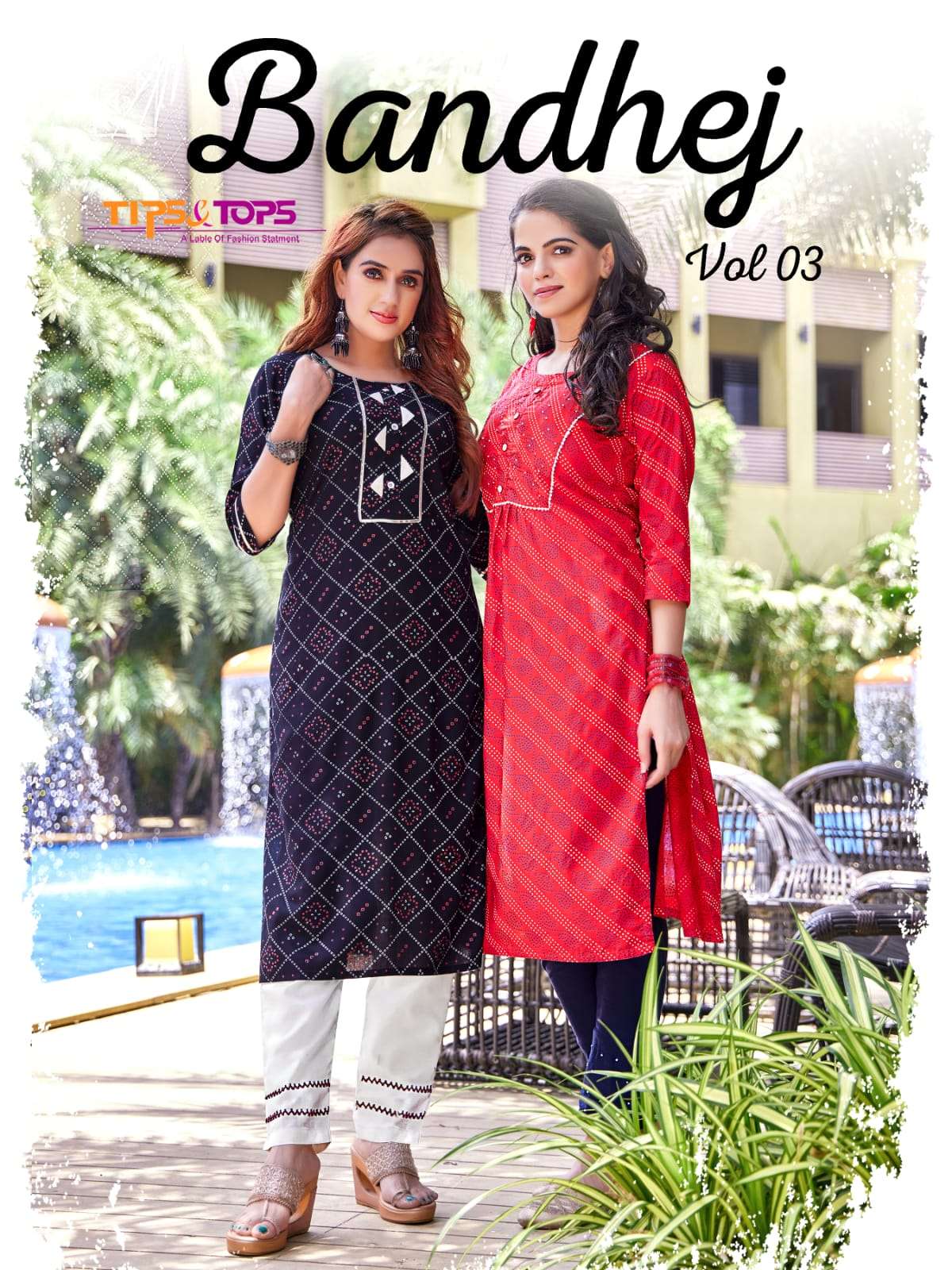 BANDHEJ VOL 03  BY TIPS & TOPS BRAND FANCY RAYON BANDHANI PRINT WITH MANUAL WORK STRAIGHT KURTI WITH...