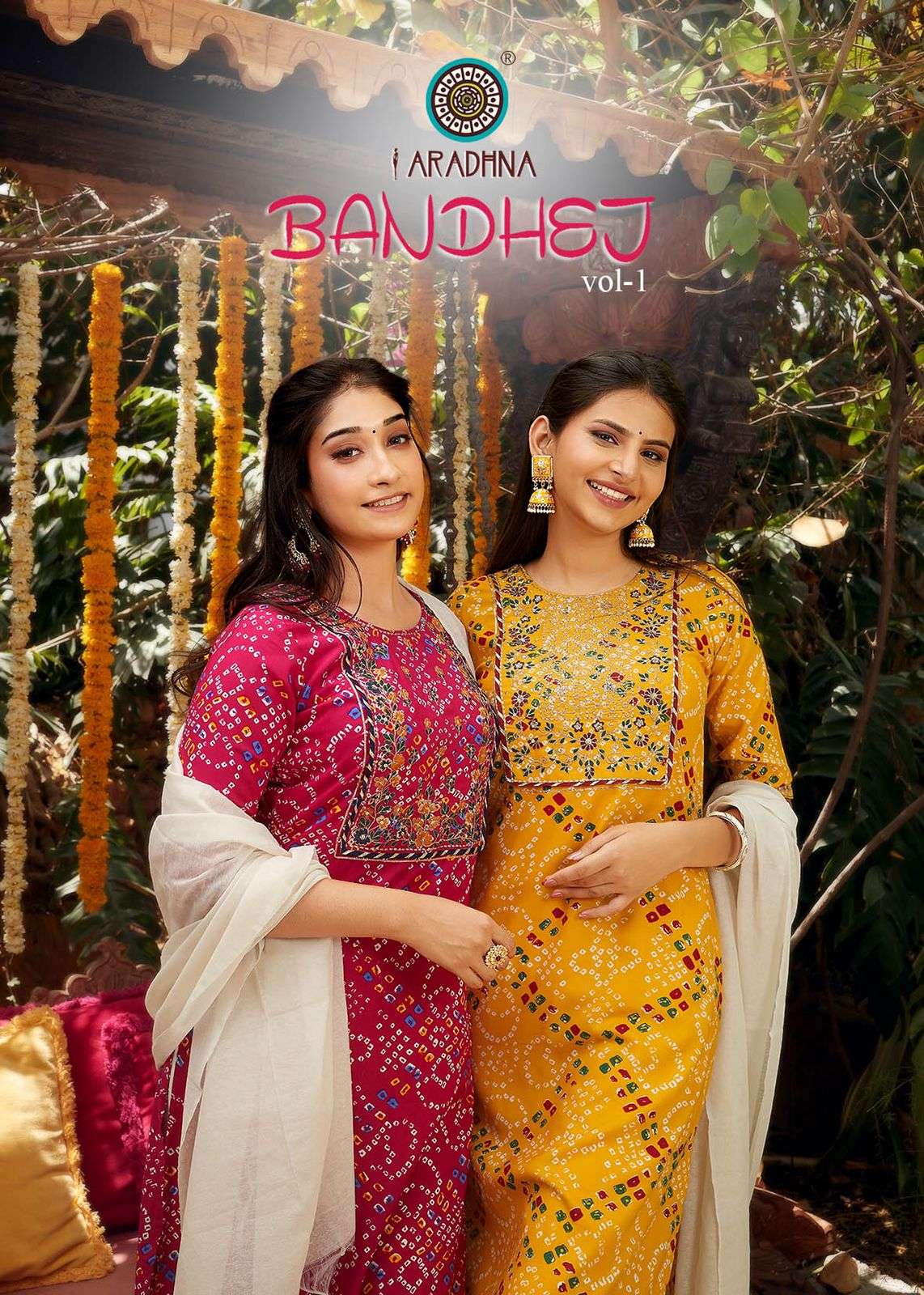 BANDHEJ VOL 1 BY ARADHNA BRAND 14 KG RAYON EMBROIDERY AND LACE WORK KURTI WITH RAYON SHARARA  AND FA...