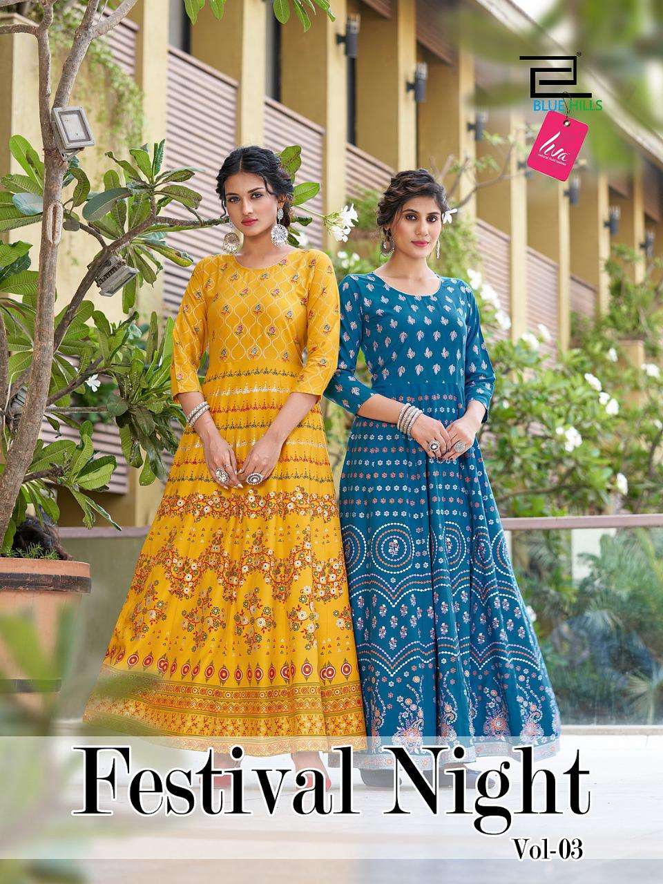 FESTIVAL NIGHT VOL 3 BY BLUE HILLS BRAND 14KG RAYON LIVA CERTIFIED FANCY FOIL PRINT LONG GOWN KURTI ...