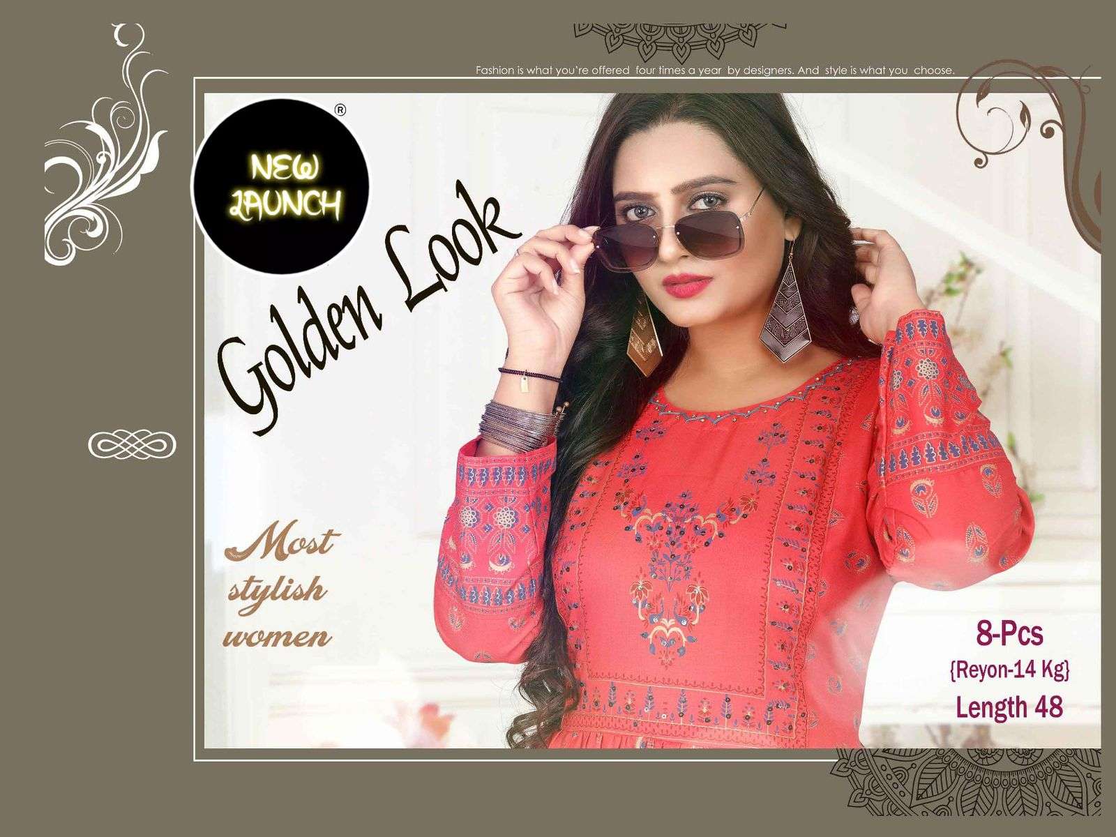 GOLDEN LOOK VOL 1 BY S3FOREVER BRAND 14KG RAYON GOLD FOIL PRINT WITH HANDWORK FULL FLARED KURTI WHOL...