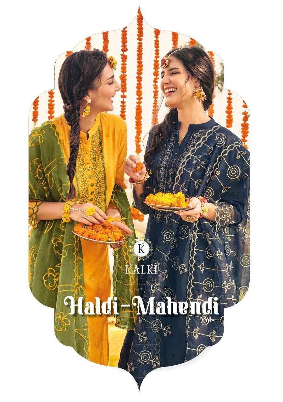 HALDI MAHENDI VOL 4 BY KALKI FASHION BRAND FANCY HAND WORK ON VISCOSE WEAVING SELF SEQUENCE FABRIC K...