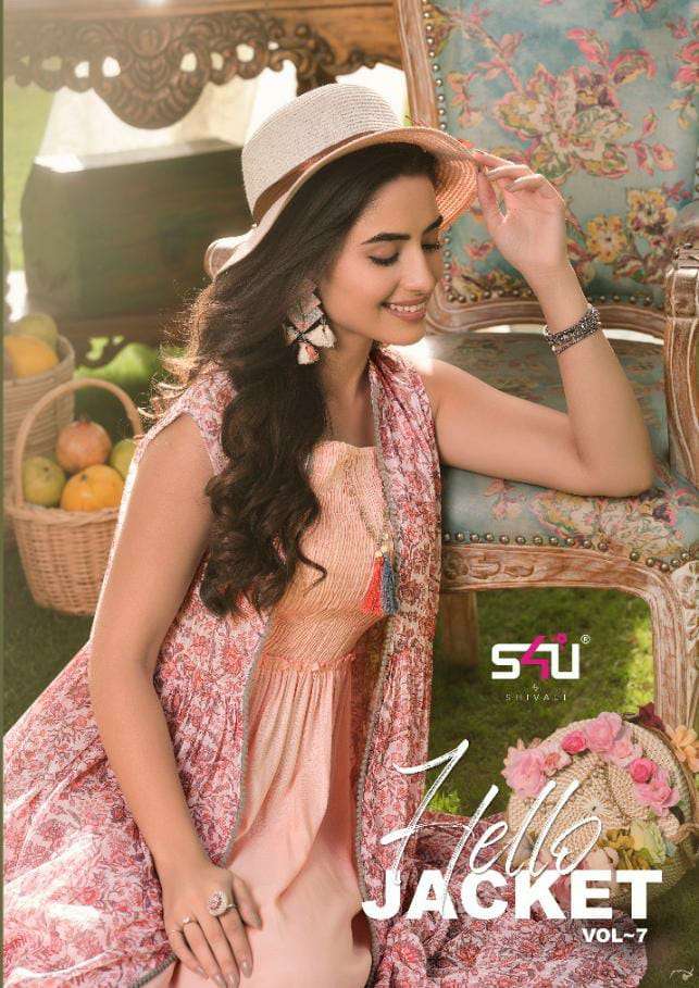 HELLO JACKET VOL 07 BY S4U BY SHIVALI BRAND SEQUINS GEORGETTE WITH PRINT LONG GOWN KURTI WITH LONG J...