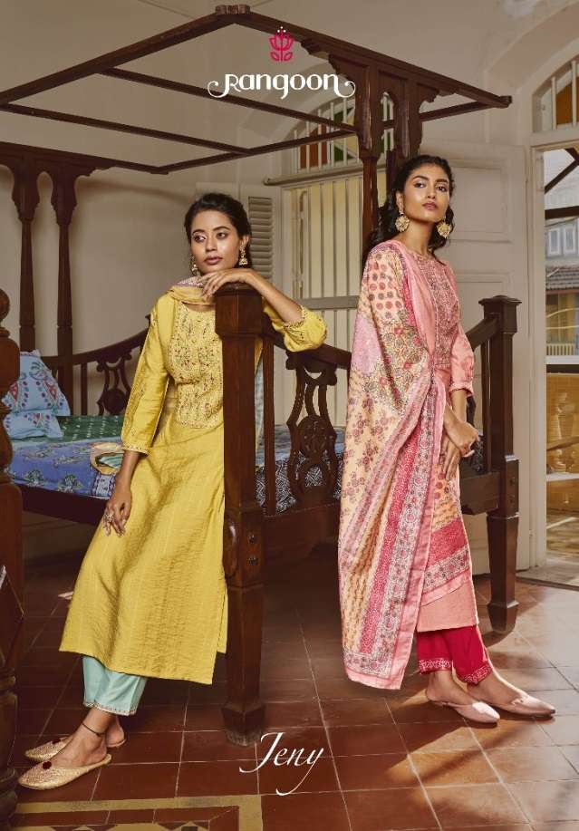 JENY BY RANGOON BRAND PURE VISCOSE SEQUENCE WITH EMBROIDERY NECK AND SLEEVE WORK KURTI WITH RAYON PA...