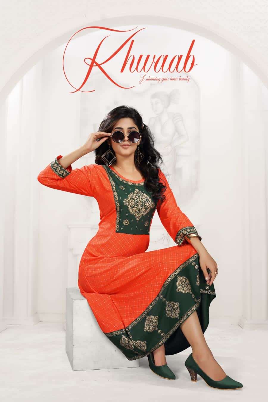 KHWAAB VOL 1 BY S3FOREVER BRAND  HEAVY RAYON WITH CLASSY FOIL PRINT FROCK STYLE KURTI WHOLESALER AND...