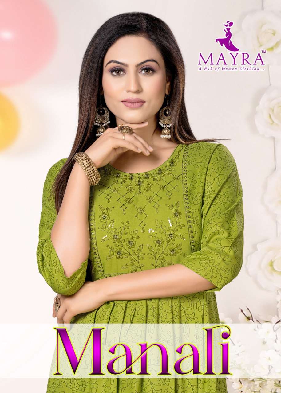 MANALI BY MAYRA BRAND 14 KG RAYON SCREEN PRINT WITH SEQUENCE WORK UMBRELLA FROCK STYLE KURTI WHOLESA...