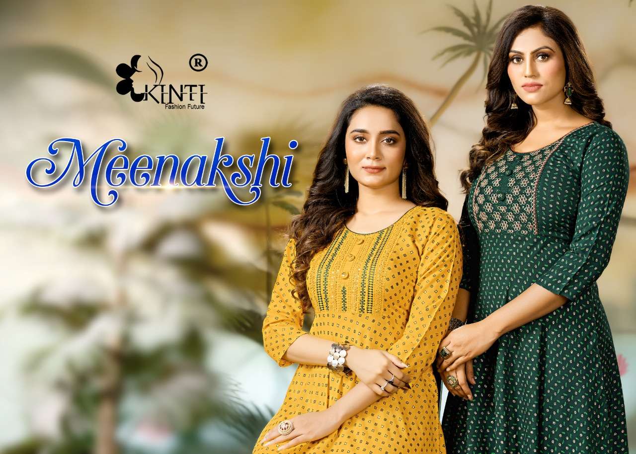 MEENAKSHI BY KINTI BRAND HEAVY RAYON SLUB MULTI COLOUR FOIL PRINT NECK SEQUENCE AND EMBROIDERY WORK ...