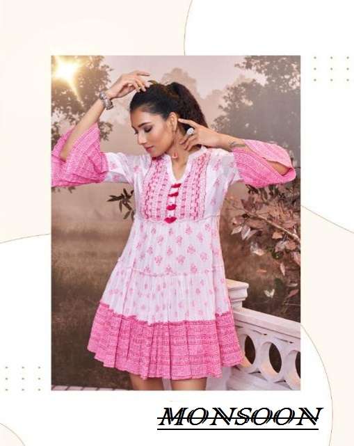 MONSOON BY S3FOREVER BRAND MAL COTTON WITH CLASSY PRINT FROCK STYLE SHORT KURTI WHOLESALE AND DEALER