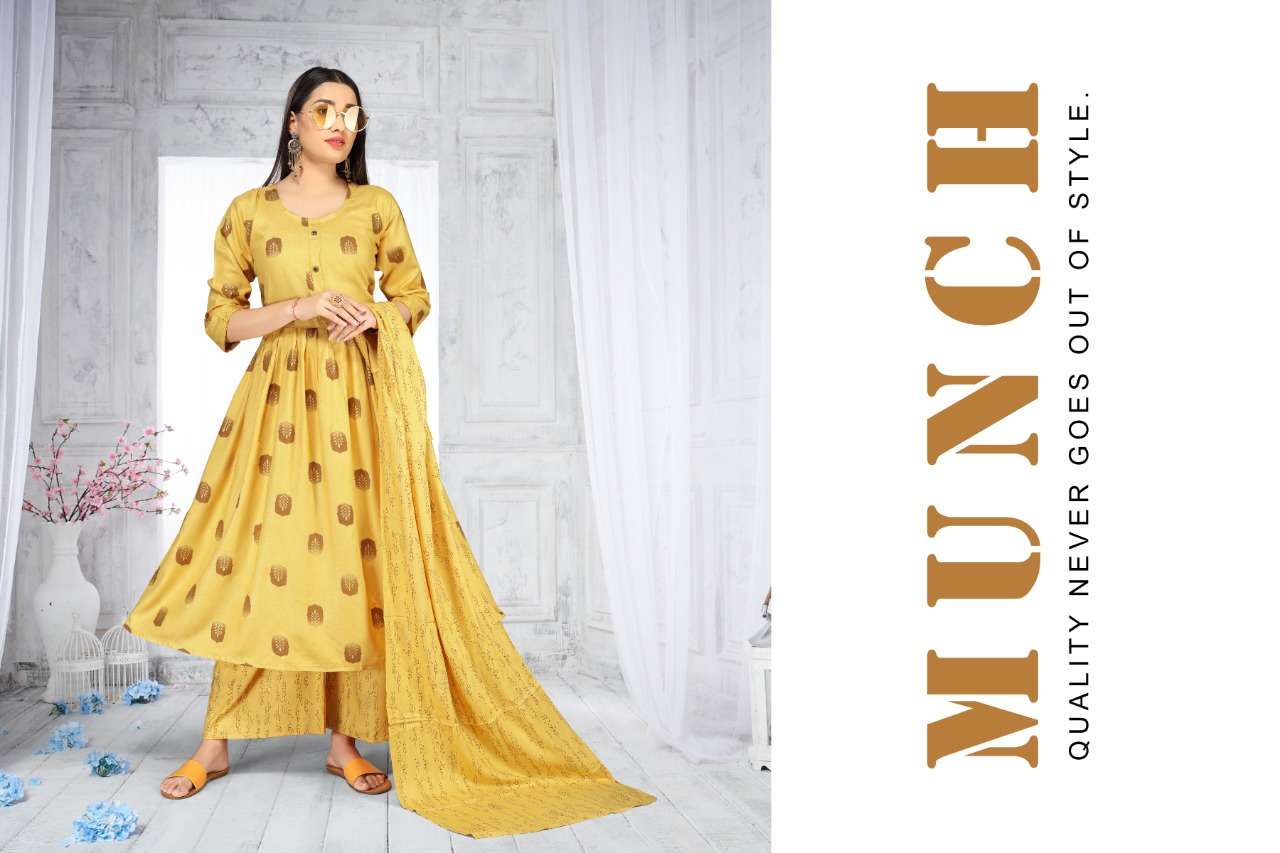 MUNCH BY S3FOREVER BRAND 14 KG RAYON WITH CLASSY GOLD FOIL PRINT KURTI WITH PLAZO AND PRINTED DUPATT...