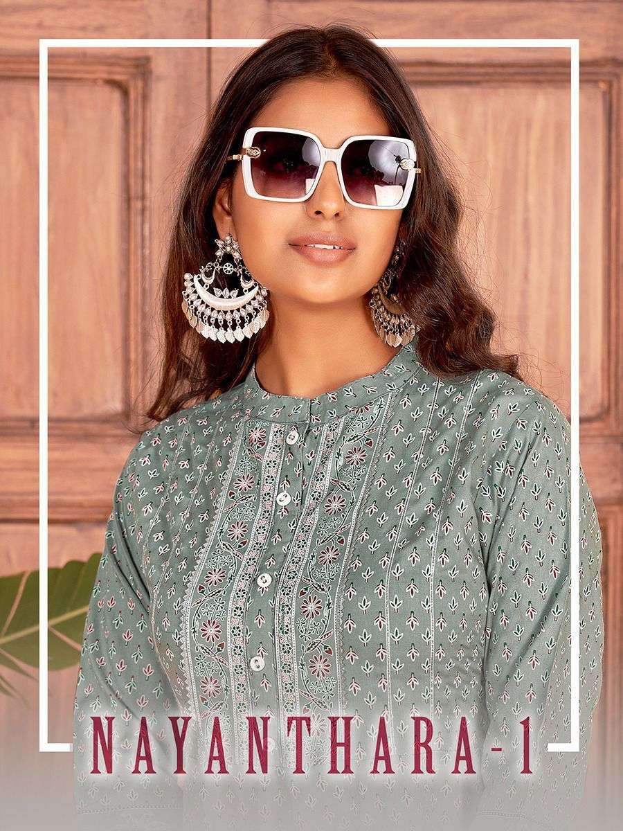 NAYANTHARA VOL-1 BY BANWERY BRAND 14KG RAYON JAIPURI PRINT EMBROIDERY WORK FLAIR LONG GOWN  KURTI WH...