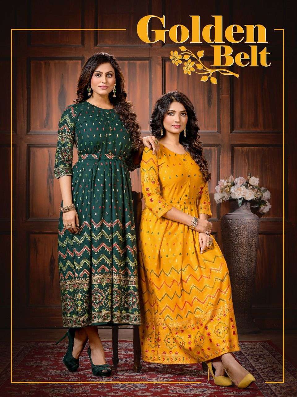 NEW GOLDEN BELT BY S3FOREVER BRAND 14 KG RAYON WITH HEAVY GOLD PRINT FLAIR LONG GOWN KURTI WITH BELT...