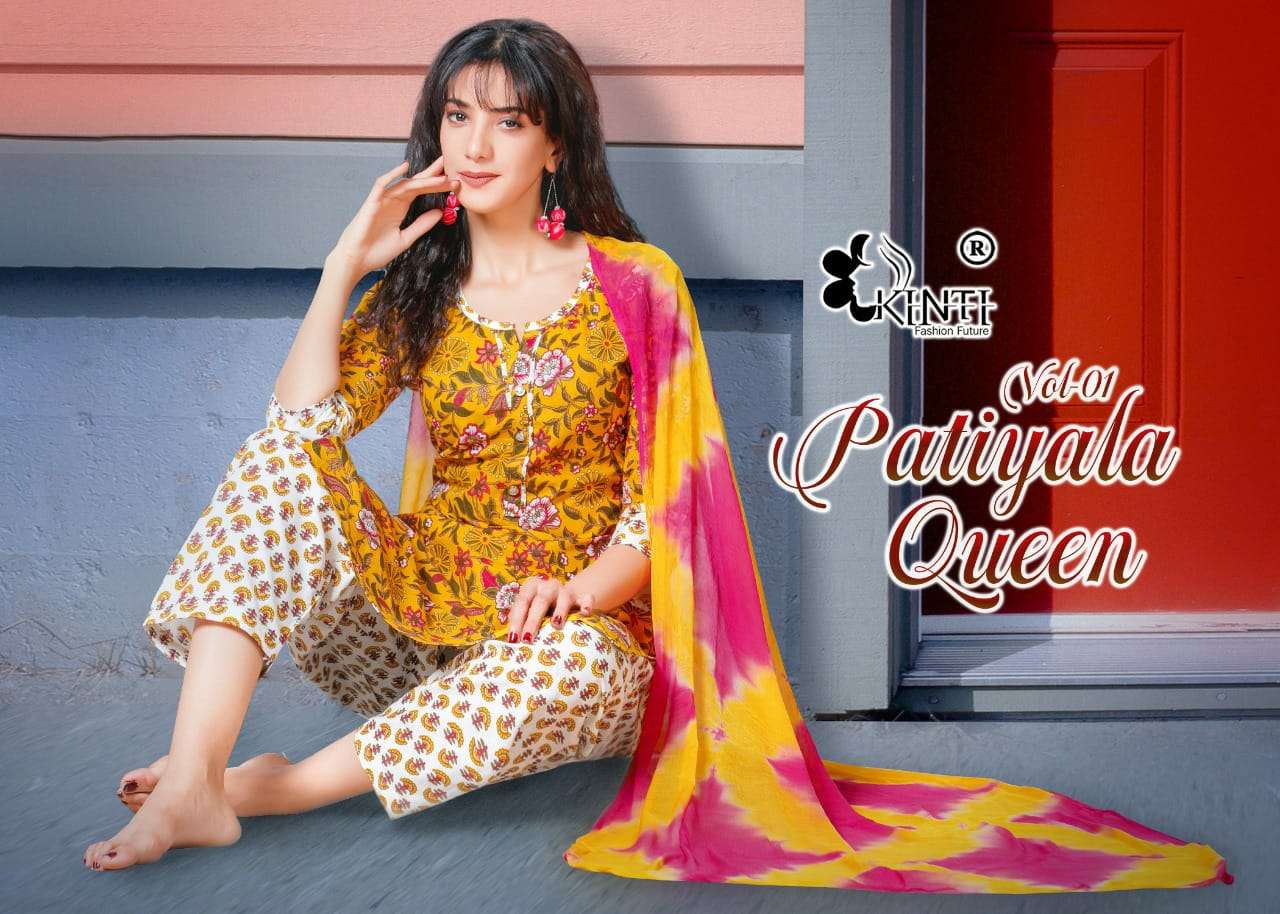 PATIYALA QUEEN BY KINTI BRAND PURE COTTON CAMBRIC PRINT KURTI WITH COTTON PRINTED PANT AND NAZMIN SH...