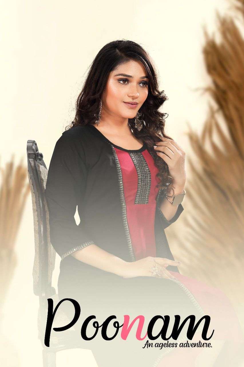 POONAM VOL 1 BY S3FOREVER BRAND HEAVY RAYON WITH FANCY SEQUENCE WORK KURTI WITH JACKET WHOLESALER AN...