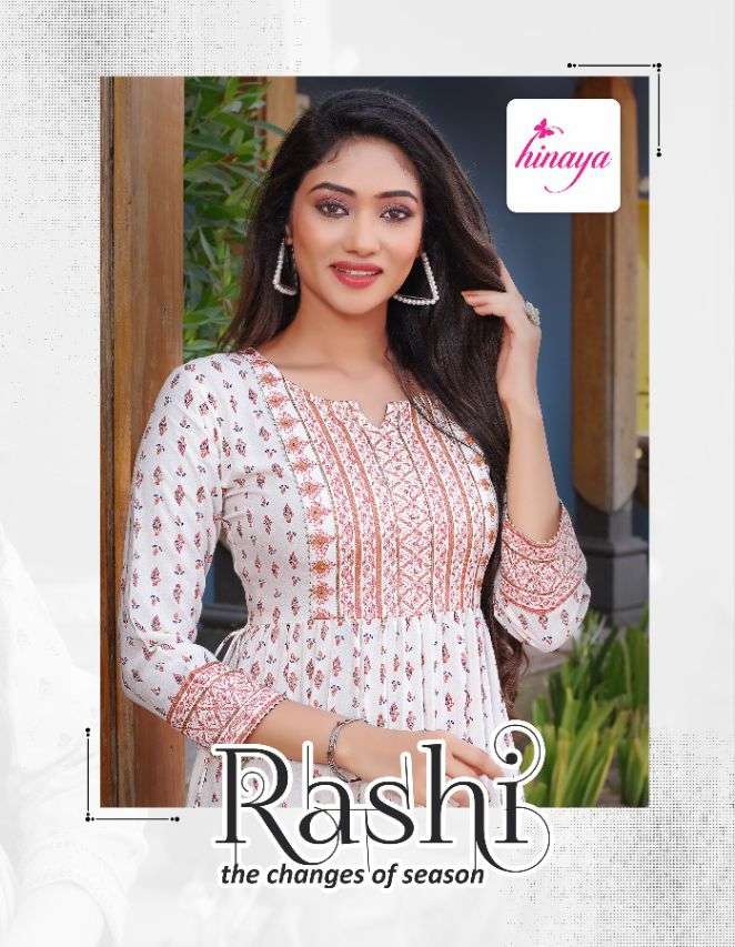 RAASHI VOL-1 BY HINAYA BRAND 14KG RAYON SLUB CLASSY PRINT WITH SEQUENCE WORK FROCK STYLE KURTI WHOLE...