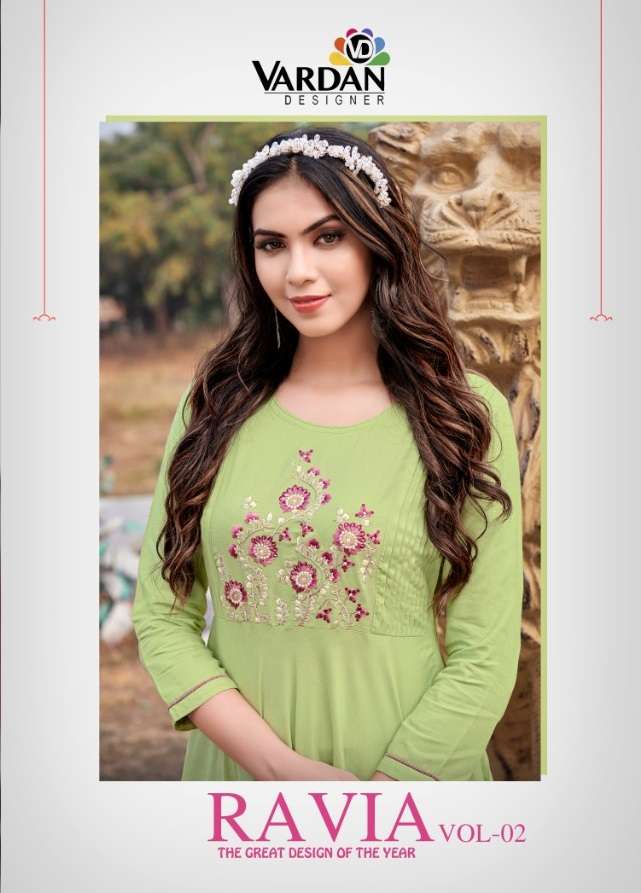 RAVIA VOL-2 BY VARDAN DESIGNER BRAND 14KG HEAVY RAYON LONG GOWN KURTI WHOLESALER AND DEALER