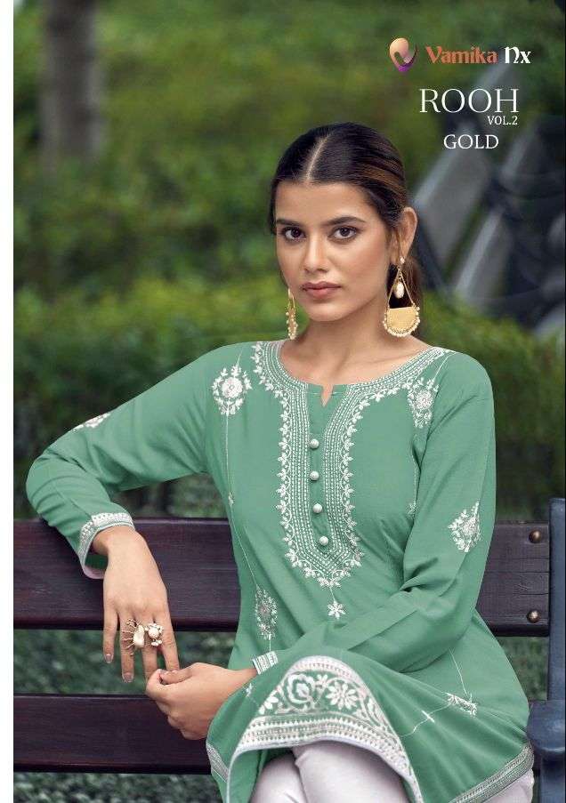 ROOH VOL 2 GOLD BY VAMIKA BRAND PURE 14KG RAYON VISCOSE WITH LAKHNAWI WORK KURTI WITH RUBBY COTTON P...