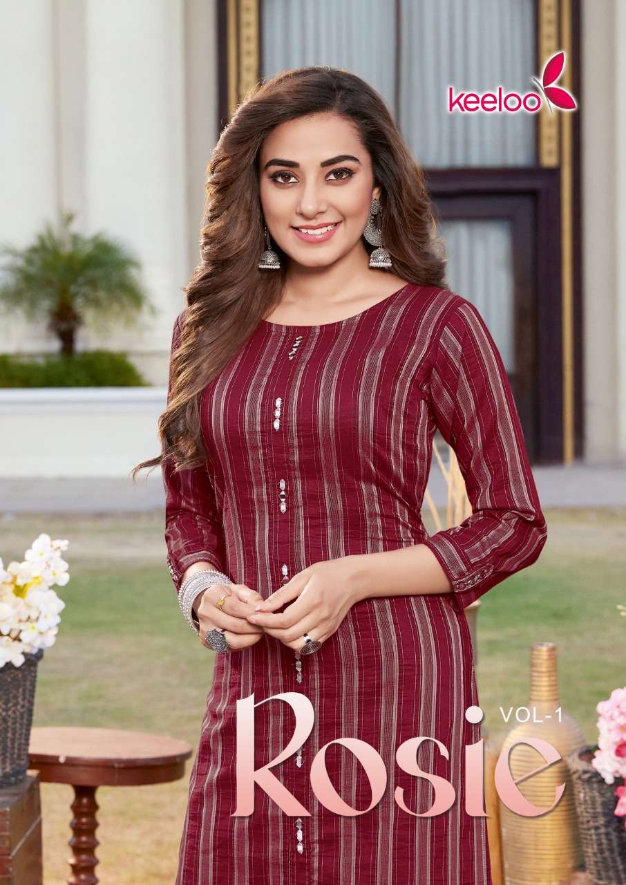 ROSIE 1 BY KEELOO BRAND FANCY VISCOSE STRIPE FANCY EMBROIDERY AND KHATLI WORK STRAIGHT KURTI WHOLESA...