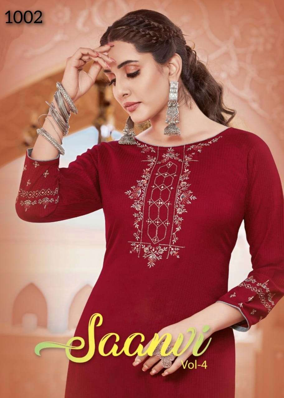 SAANVI VOL 4 BY S3FOREVER BRAND VISCOSE RAYON WEAVING DOBBY WITH SEQUENCE EMBROIDERY WORK KURTI AND ...