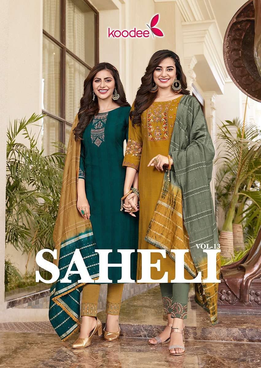 SAHELI 13 BY KOODEE BRAND VISCOSE STRIPE EMBROIDERY AND KHATLI WORK KURTI WITH COTTON SLUB LYCRA PAN...