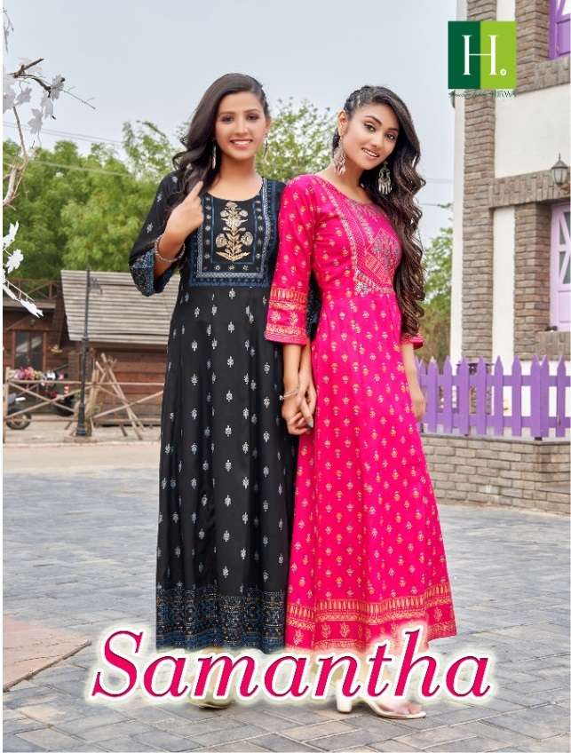 SAMANTHA BY HIRWA BRAND HEAVY RAYON WITH CLASSY FOIL PRINT LONG GOWN KURTI WHOLESALE AND DEALER