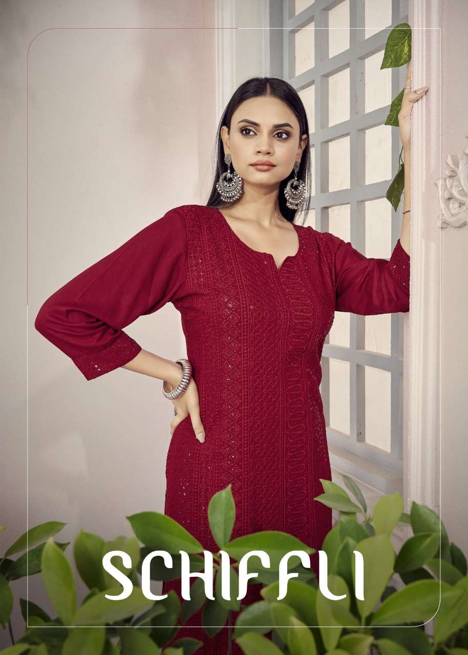 SCHIFFLI BY BANWERY BRAND HEAVY 14KG RAYON WITH SCHIFFLI AND SEQUENCE WORK KURTI WITH 14KG RAYON PAN...