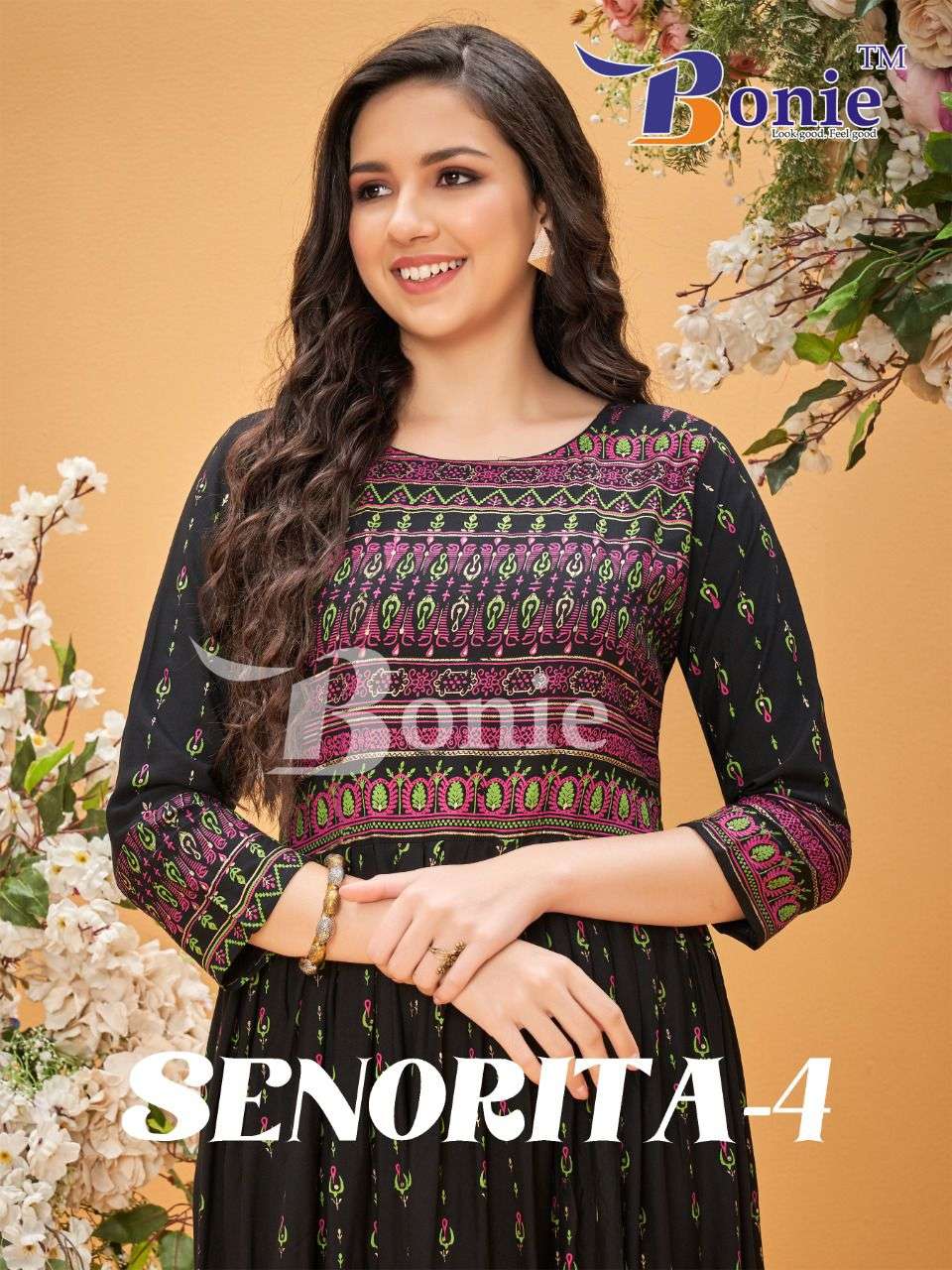 SENORITA 4  BY BONIE BRAND HEAVY RAYON WITH CLASSY FOIL PRINT FULL FLARE LONG ANARKALI KURTI WHOLESA...