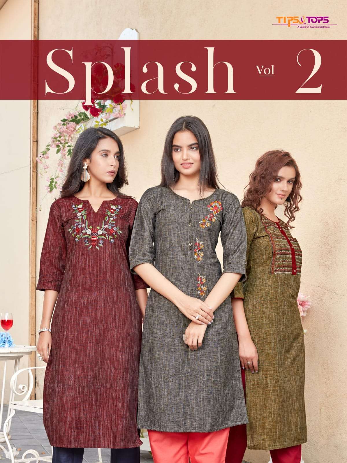 SPLASH VOL 02 BY TIPS & TOPS BRAND COTTON YARN DYED WITH FANCY EMBROIDERY WORK STRAIGHT KURTI WHOLES...