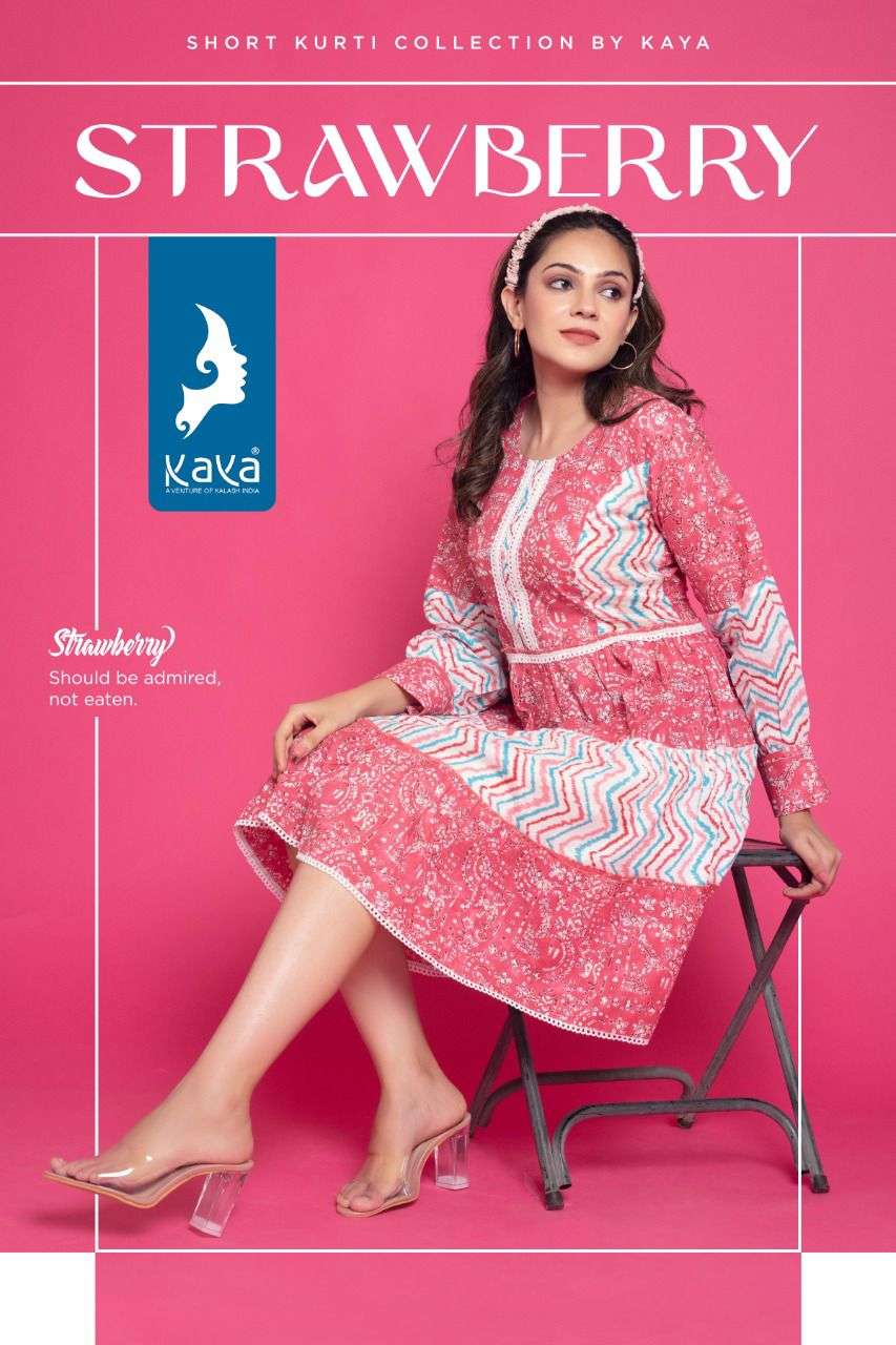 STRAWBERRY BY KAYA KURTI BRAND PURE COTTON WITH FANCY PRINT FROCK STYLE LONG TOP WHOLESALE AND DEALE...