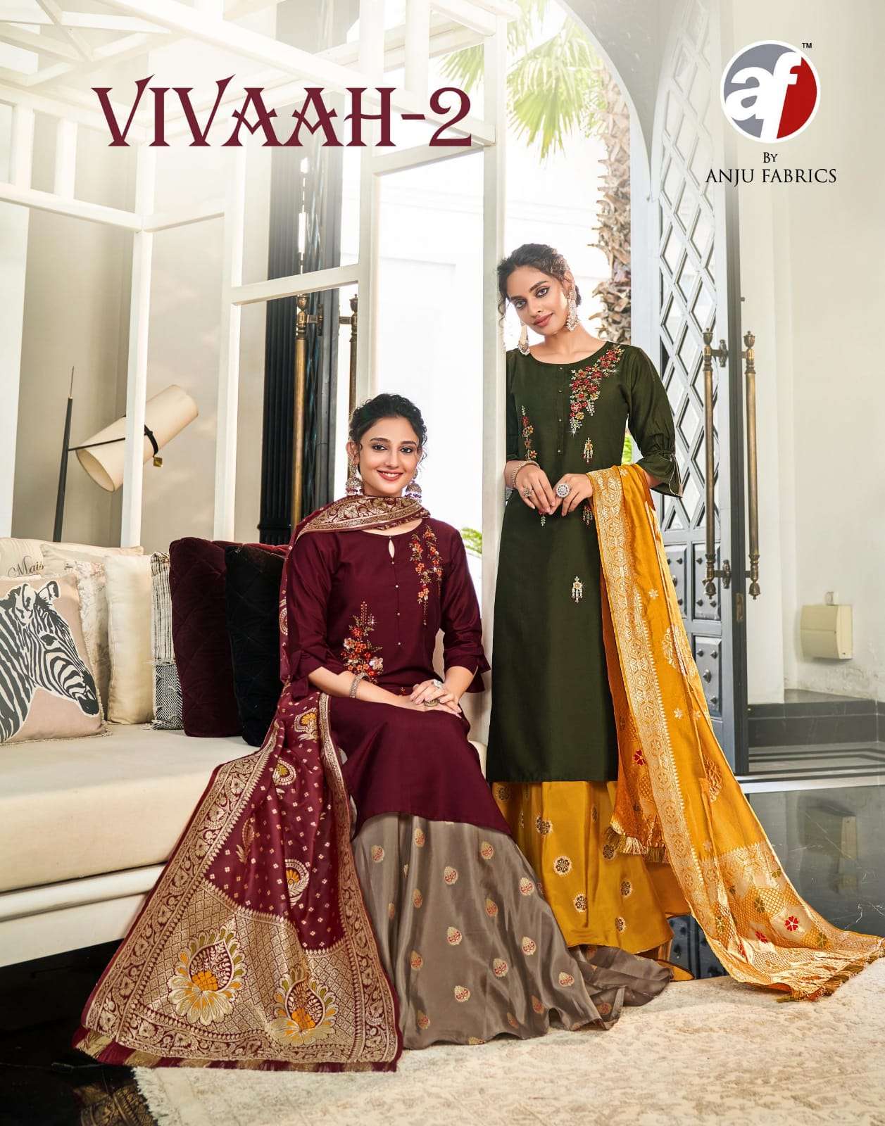 VIVAAH VOL 2 BY AF BRAND BAMBER SILK EMBROIDERY AND SEQUENCE WORK KURTI WITH JACQUARD SILK SKIRT WIT...