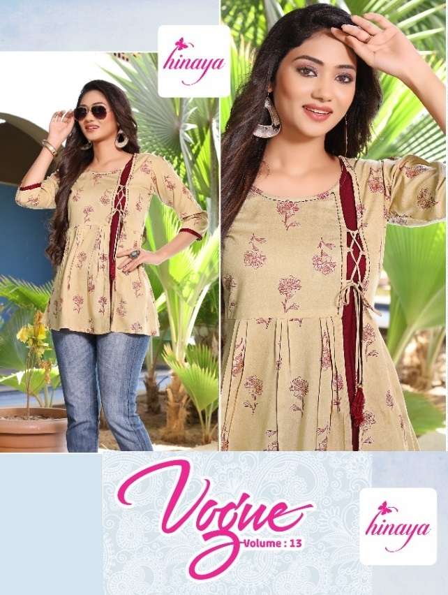 VOGUE VOL 13 BY HINAYA BRAND 14 KG RAYON SLUB WITH CLASSY PRINT SHRUG STYLE FANCY TOP WHOLESALER AND...