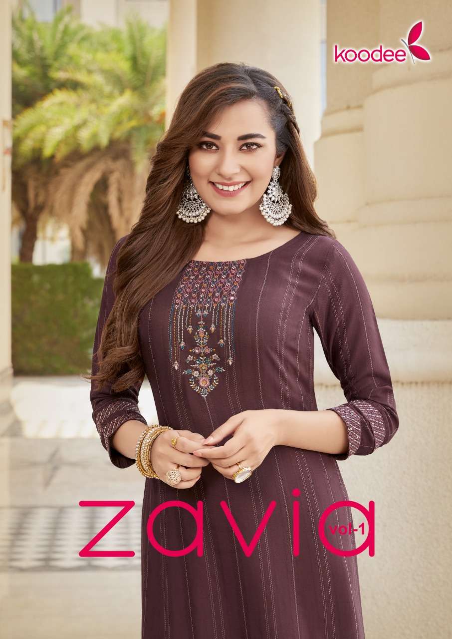 ZAVIA 1 BY KOODEE BRAND FANCY VISCOSE STRIPE FANCY EMBROIDERY AND KHATLI WORK STRAIGHT KURTI WHOLESA...