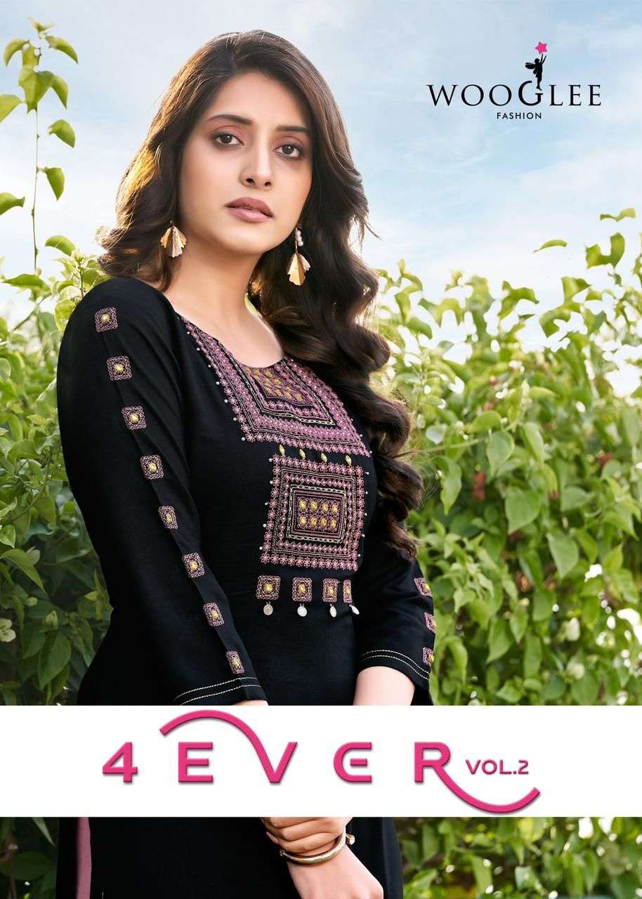 4EVER VOL 2 BY WOOGLEE BRAND NYLON VISCOSE WITH FANCY EMBROIDERY WORK WORK STRAIGHT KURTI WHOLESALER...