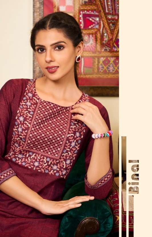 BINAL BY 100 MILES BRAND PURE COTTON YARN DYED PATTERNED HEAVY EMBROIDERY WORK STRAIGHT KURTI WHOLES...