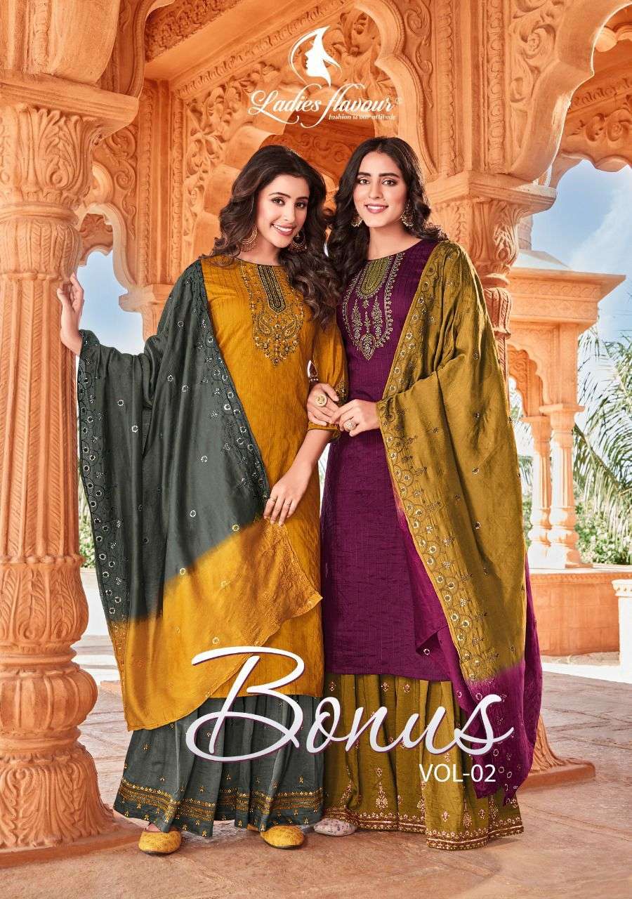 BONUS VOL 2 BY LADIES FLAVOUR BRAND CHINON WEAVING WITH HEAVY EMBROIDERY SEQUENCE WORK KURTI WITH CH...