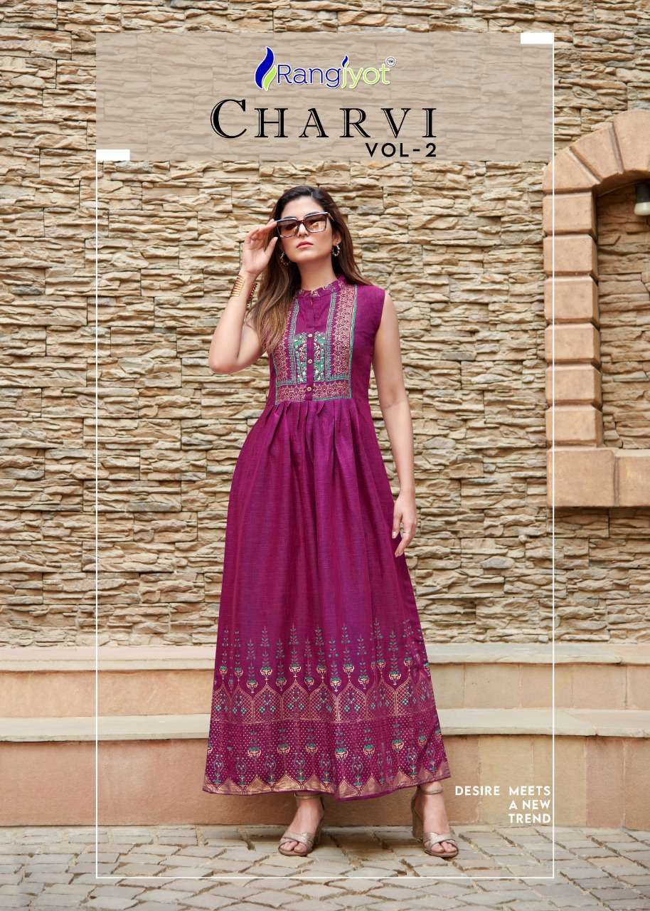 CHARVI VOL 2 BY RANGJYOT BRAND RAYON TWO TONE WITH CLASSY FOIL PRINT LONG GOWN KURTI WHOLESALER AND ...