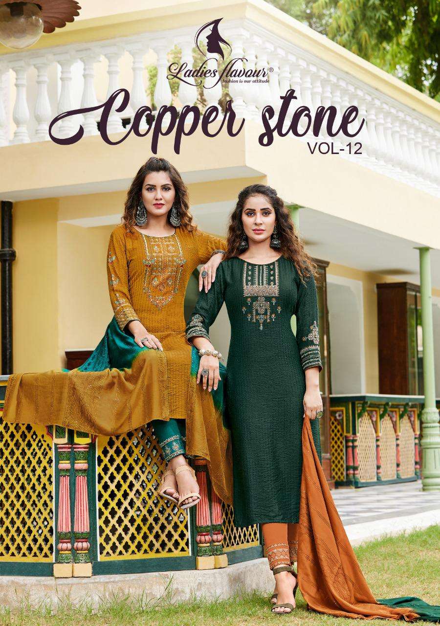 COPPER STONE VOL 12 BY LADIES FLAVOUR BRAND PURE VISCOSE WITH EMBROIDERY WITH HEAVY KHATLI WORK KURT...