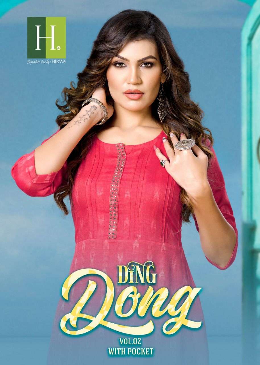 DING DONG VOL 2 BY HIRWA BRAND HEAVY RAYON WEAVING WITH SIROSKI WORK AND POCKET FROCK STYLE KURTI WH...