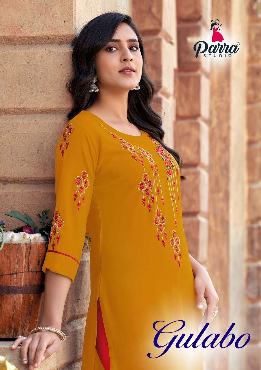 GULABO VOL 1 BY PARRA STUDIO BRAND 14 KG RAYON WITH EMBROIDERY WORK STRAIGHT KURTI WHOLESALER AND DE...