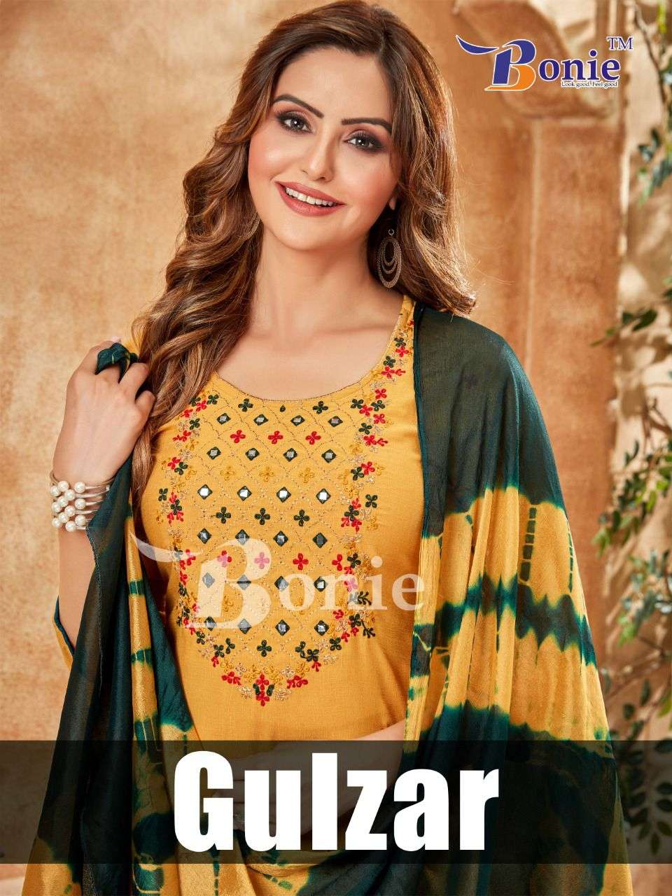 GULZAR BY BONIE BRAND FANCY RAYON WITH EMBROIDERY AND THREAD WORK KURTI WITH PTINTED PALAZZO AND FAN...