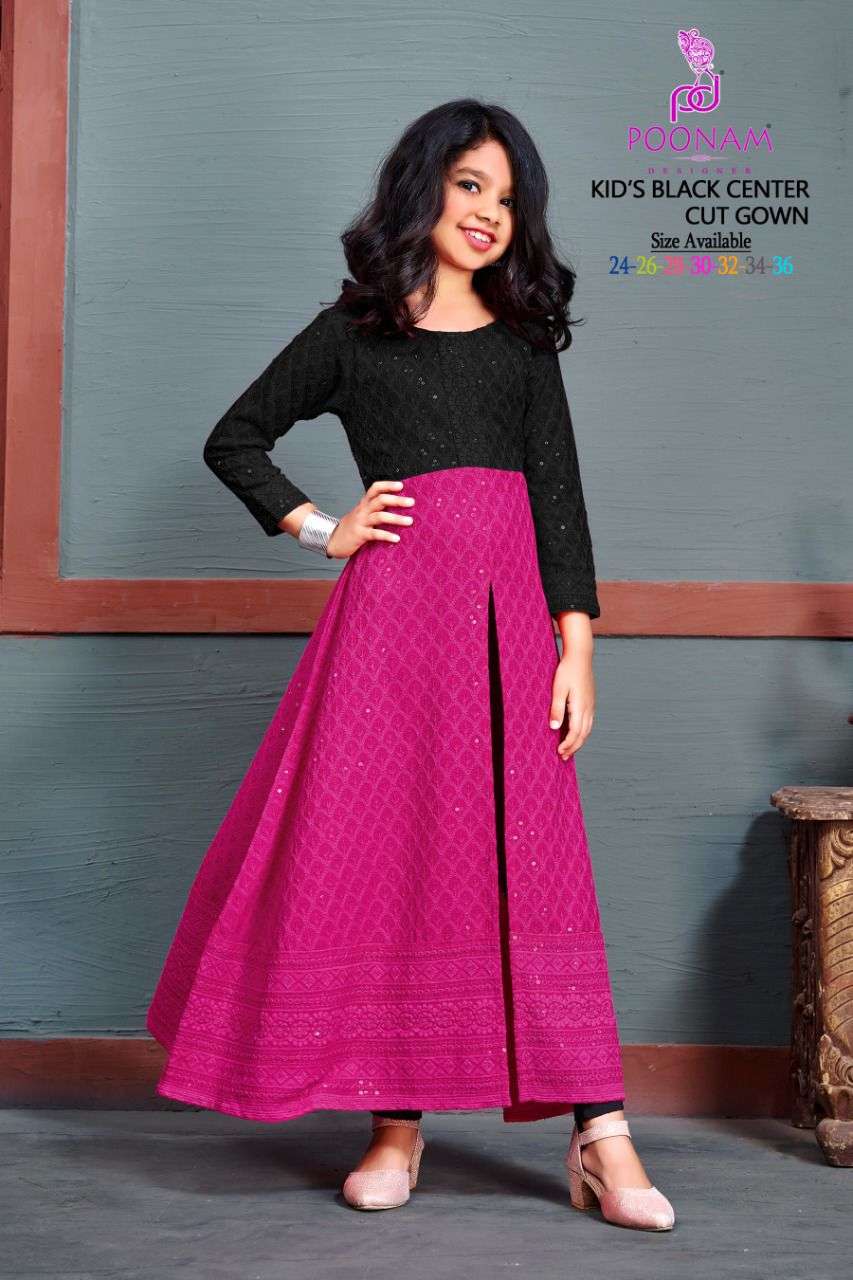 KID’S BLACK CENTER CUT GOWN BY POONAM DESIGNER BRAND RAYON PURE CHIKAN WITH WORK CENTER CUT LONG G...