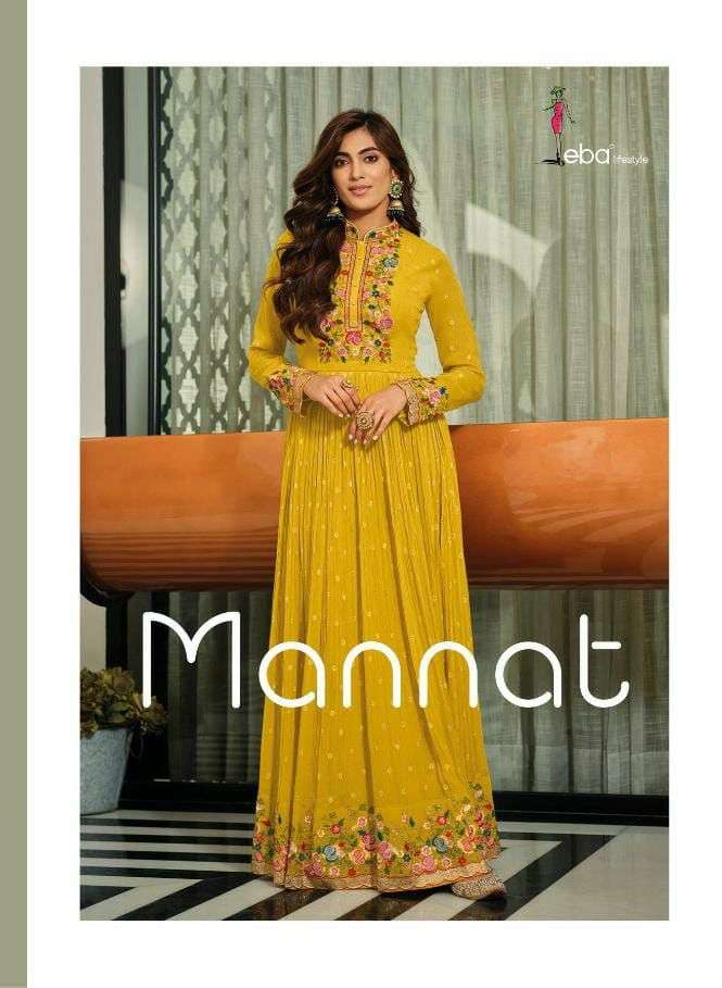 MANNAT BY EBA BRAND RAYON BLOOMING GOURGETTE  HANDWORK AND EMBROIDERY WORK KURTI WITH NAZMIN DUPATTA...